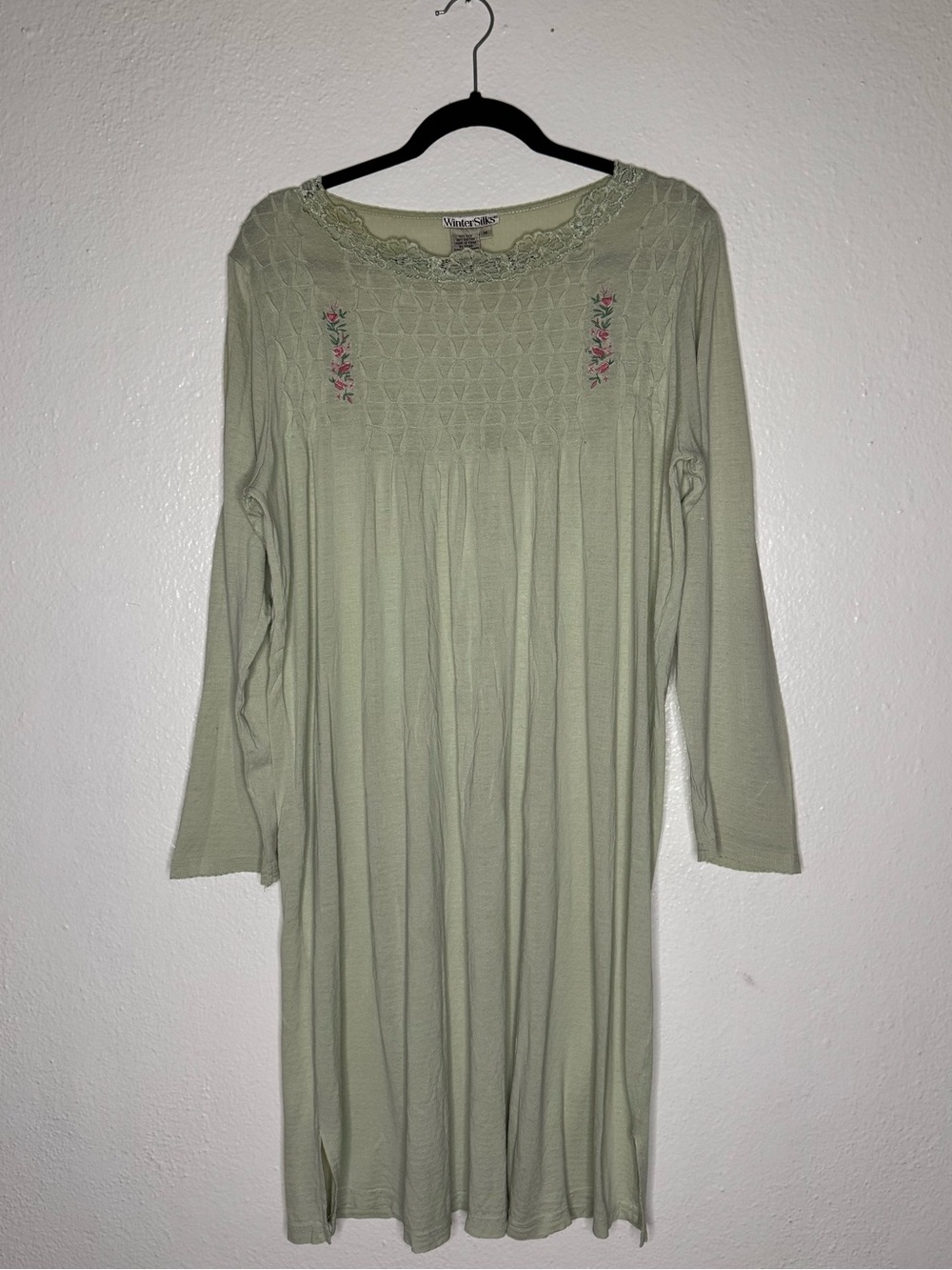 WinterSilks Silk & Cotton Vintage Sage Long Sleeve Nightgown Embroidery Smock M